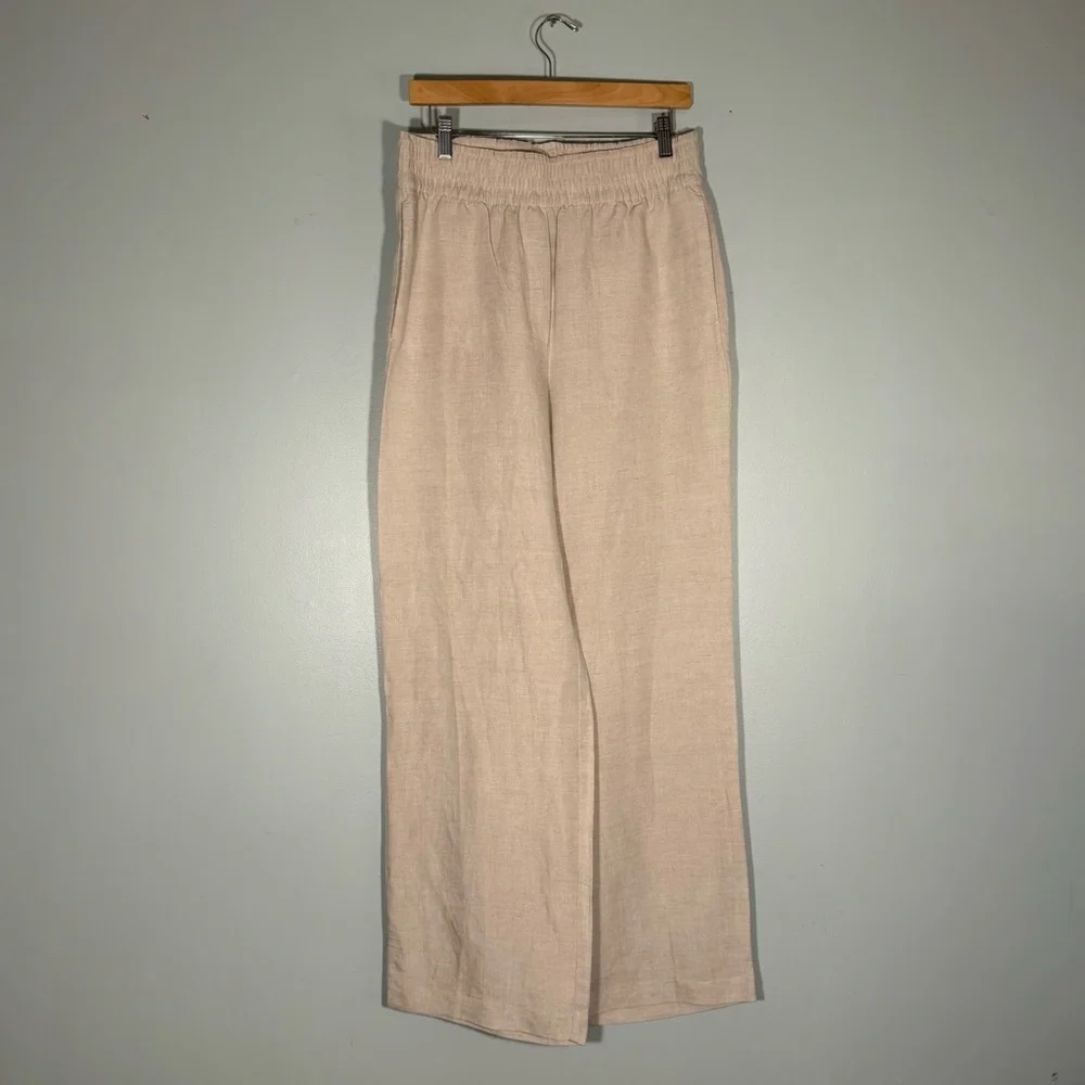 NWT H&M BEIGE KHAKI LINEN RAYON WIDE‎ LEG PANTS SIZE MEDIUM